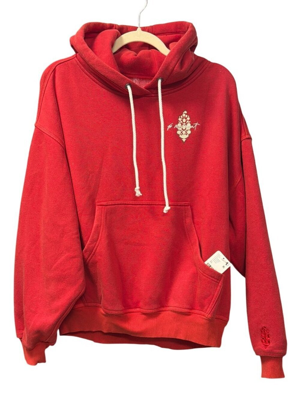 Free People Red Berry Oversized Hoodie XS Kangaroo Pocket Embroidered New